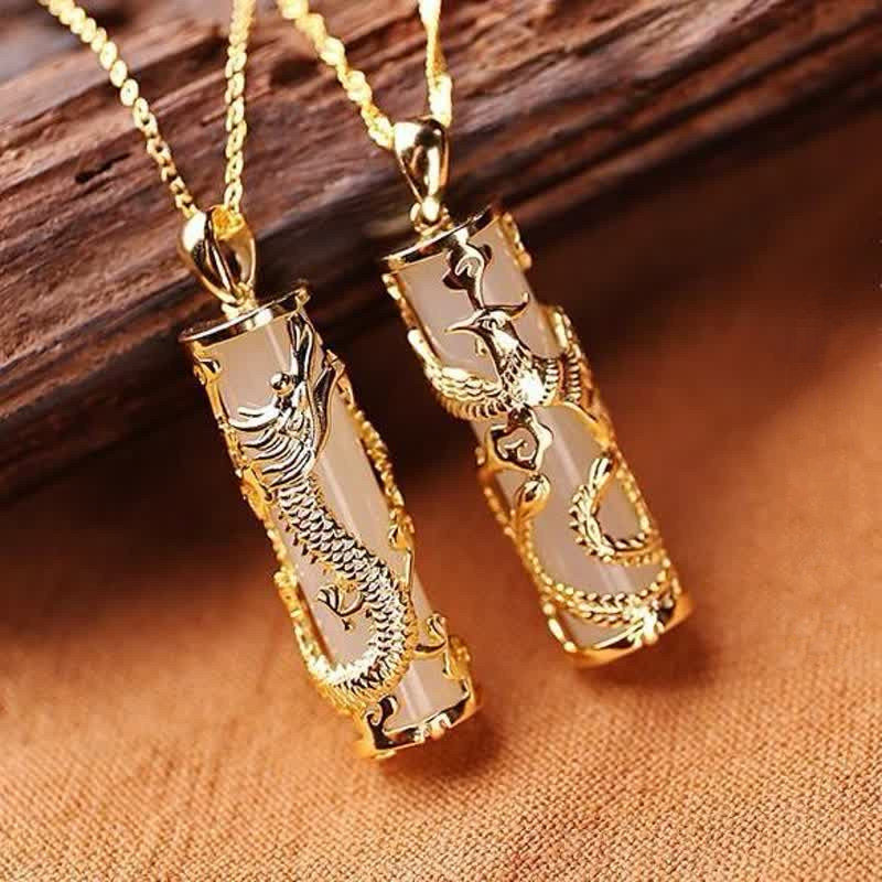 KarmaRipple's Jade Dragon Phoenix Bronze Blessing Balance Pendant Necklace p5