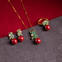 Ensemble collier, boucles d'oreilles et bague en argent sterling 925 plaqué or et perle de cinabre de KarmaRipple