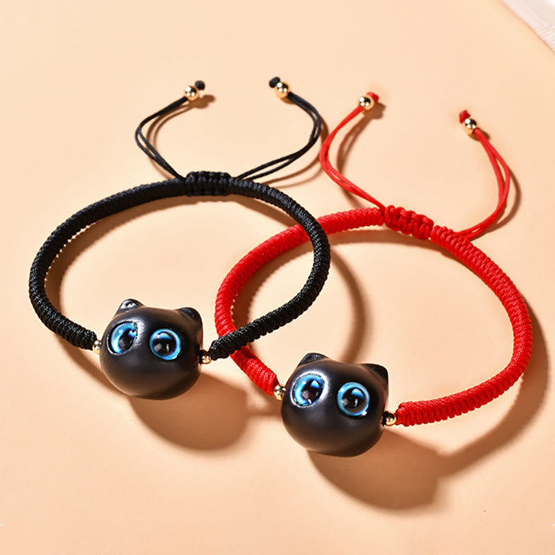 KarmaRipple's Ebony Wood Cat Head Pattern Peace King Kong Weave Woven Bracelet p5