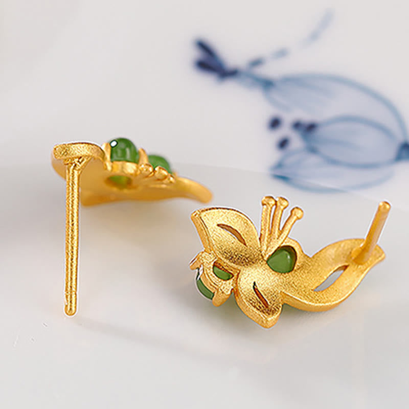 KarmaRipple's 925 Sterling Silver Plated Gold Authentic Cyan Jade Butterfly Fortune Balancing Earrings p5
