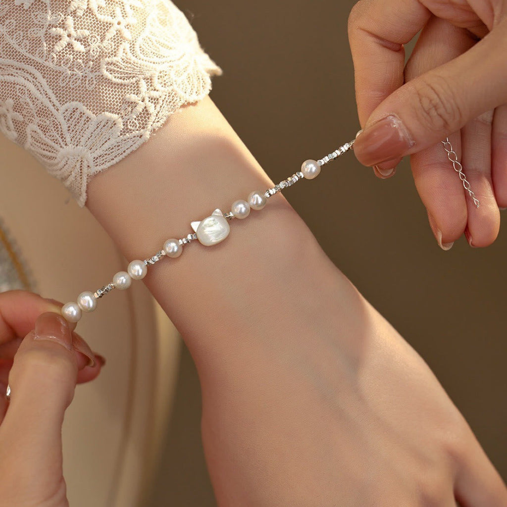 KarmaRipple's Pearl Cat Head Tridacna Stone Silver Chain Balancing Bracelet p4