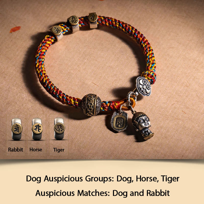 KarmaRipple's Handmade Tibetan 925 Sterling Silver Chinese Zodiac Natal Buddha Zakiram Goddess of Wealth Protection Multicolored Rope Woven Bracelet p65