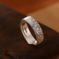 Bague d'illumination en argent sterling 999 gravée de fleurs de lotus et de pruniers de KarmaRipple