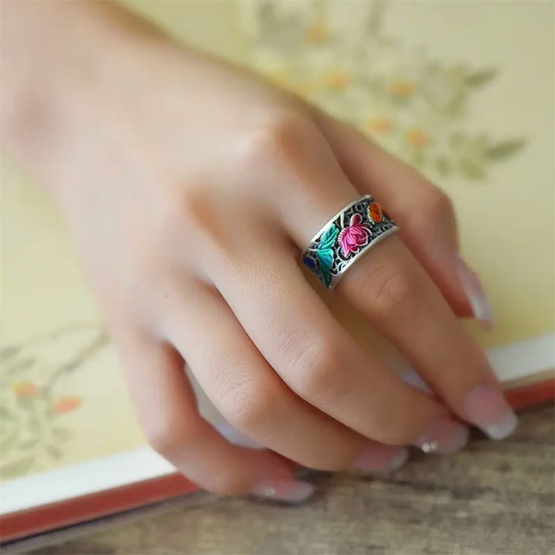 KarmaRipple's Bronze Blue Enamel Lotus Heart Sutra Koi Fish Fortune Ring p13