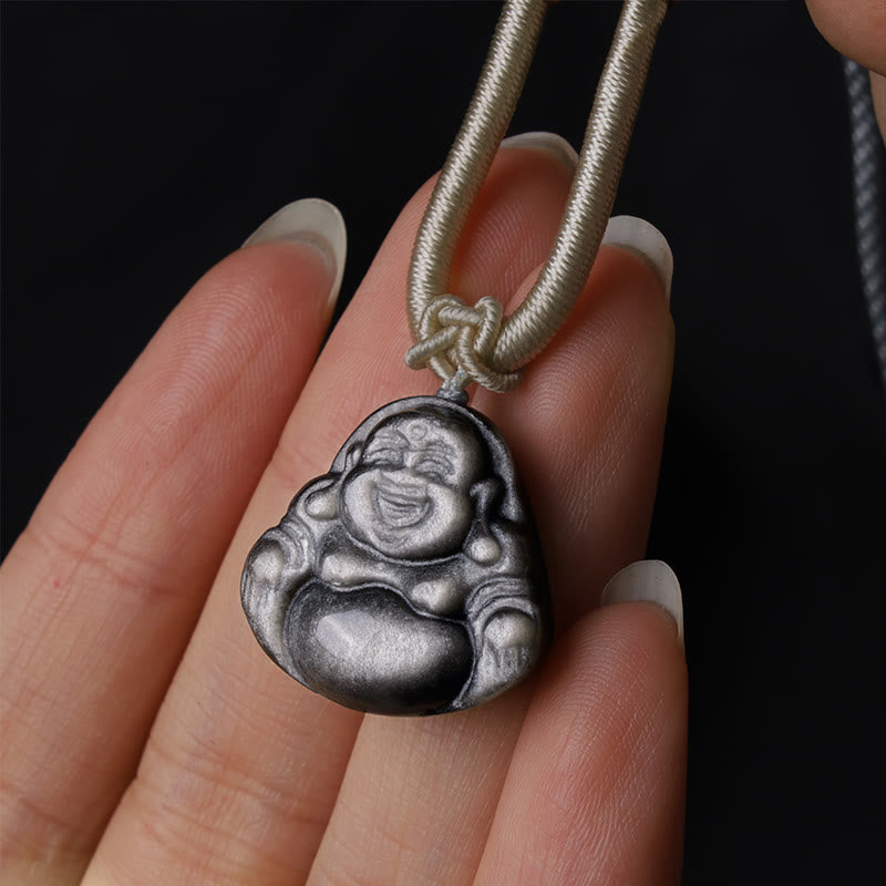 KarmaRipple's Authentic Silver Sheen Obsidian Laughing Buddha Protection Pendant Necklace p3