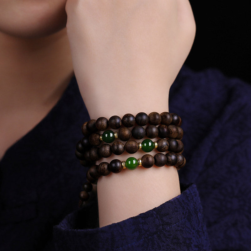 KarmaRipple's 108 Mala Beadwork Indonesia Tarakan Rare Agarwood Cyan Jade Ward Off Evil Spirits Bracelet p6