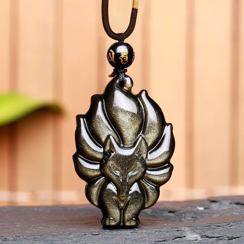 KarmaRipple's Authentic Rainbow Obsidian Gold Sheen Obsidian Nine Tailed Fox Positive Pendant Necklace p2