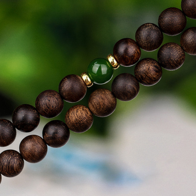 KarmaRipple's 108 Mala Beadwork Indonesia Tarakan Rare Agarwood Cyan Jade Ward Off Evil Spirits Bracelet p19