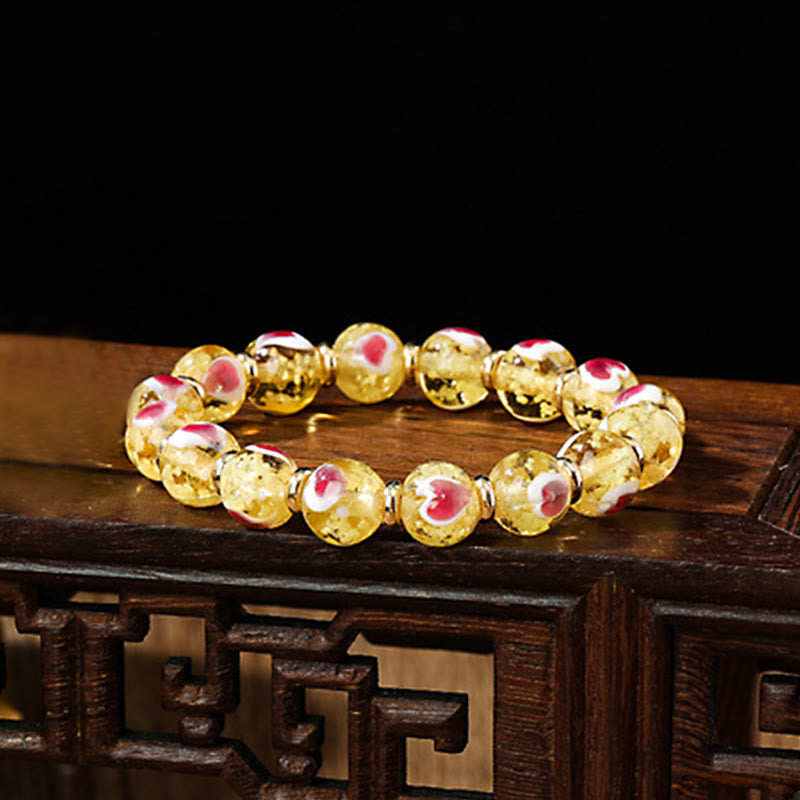 KarmaRipple's Gold Swallowing Beast Family Pink Love Heart Luminous Fluorescent Liuli Glass Bead Bracelet p6